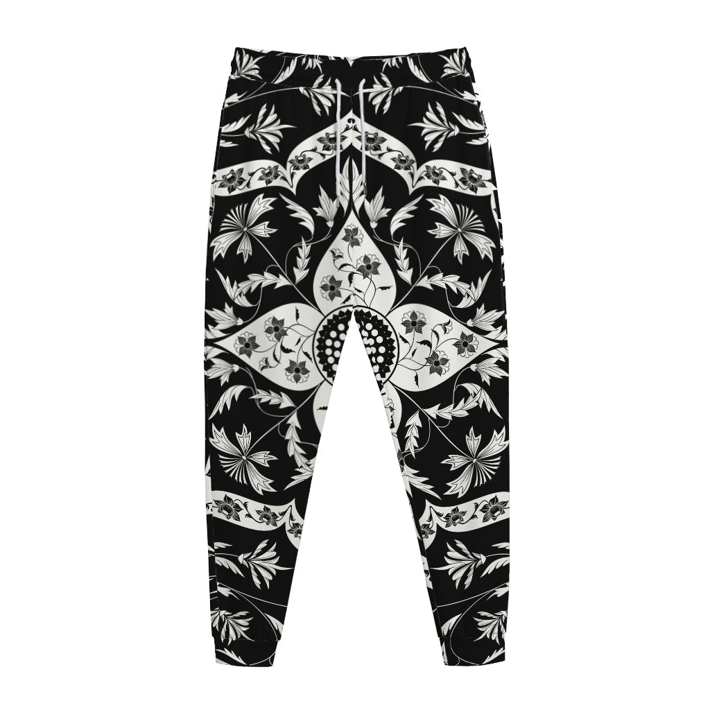 Black And White Lotus Mandala Print Jogger Pants