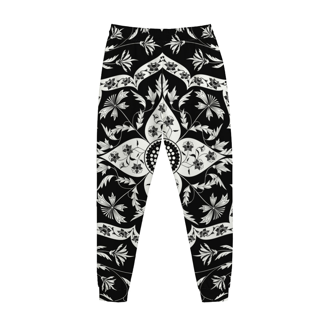 Black And White Lotus Mandala Print Jogger Pants