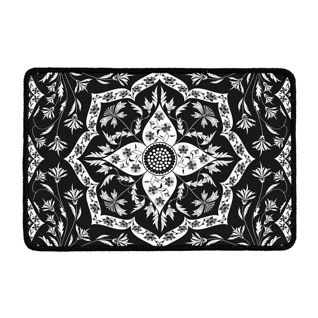 Black And White Lotus Mandala Print Kitchen Mat