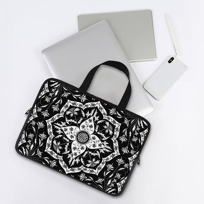 Black And White Lotus Mandala Print Laptop Sleeve With Handle