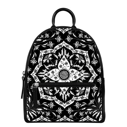 Black And White Lotus Mandala Print Leather Backpack