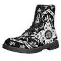 Black And White Lotus Mandala Print Lace-Up Boots