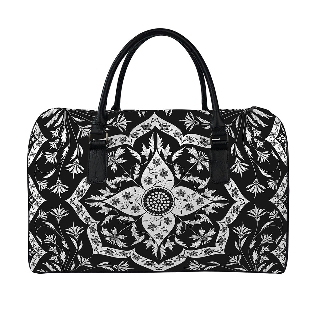 Black And White Lotus Mandala Print Leather Duffle Bag