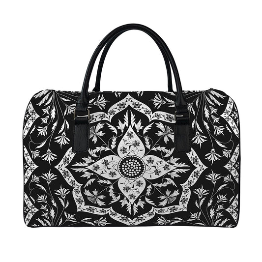 Black And White Lotus Mandala Print Leather Duffle Bag
