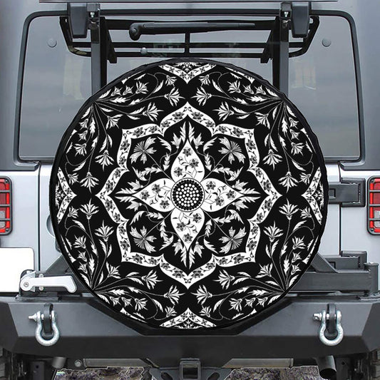 Black And White Lotus Mandala Print Leather Spare Tire Cover