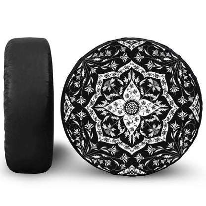 Black And White Lotus Mandala Print Leather Spare Tire Cover