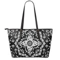 Black And White Lotus Mandala Print Leather Tote Bag With Zipper