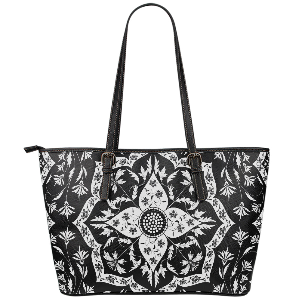 Black And White Lotus Mandala Print Leather Tote Bag