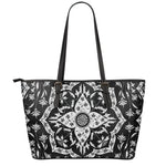 Black And White Lotus Mandala Print Leather Tote Bag