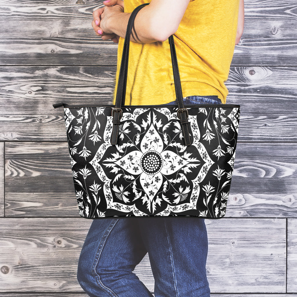 Black And White Lotus Mandala Print Leather Tote Bag