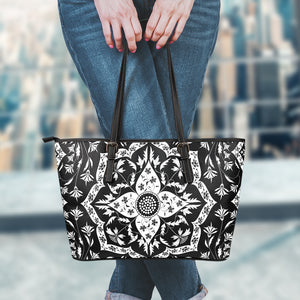 Black And White Lotus Mandala Print Leather Tote Bag