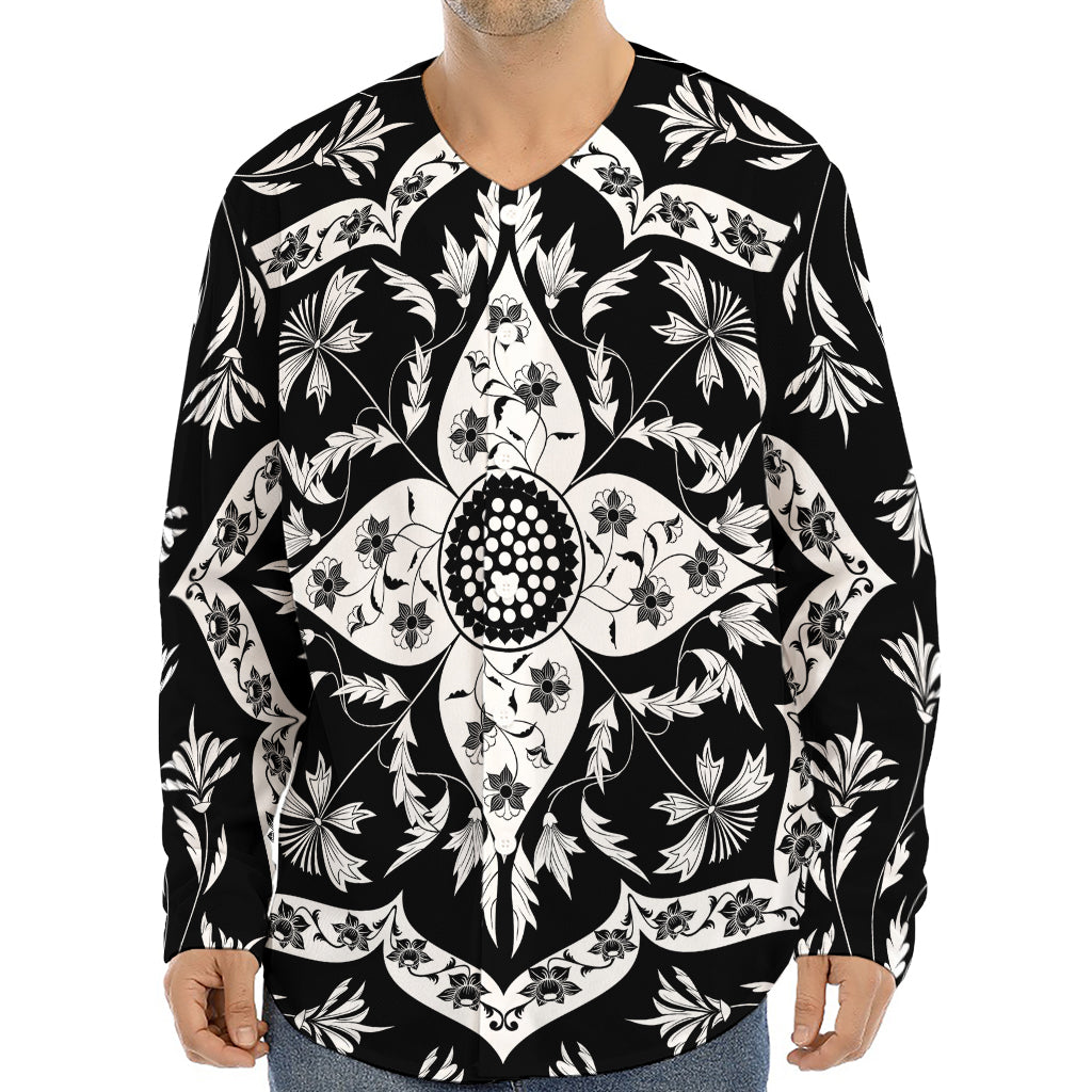 Black And White Lotus Mandala Print Long Sleeve Baseball Jersey