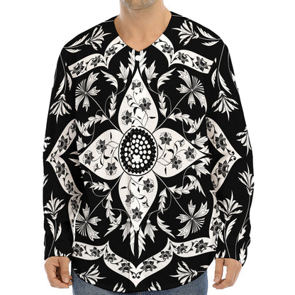 Black And White Lotus Mandala Print Long Sleeve Baseball Jersey