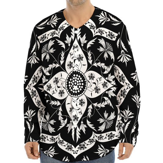 Black And White Lotus Mandala Print Long Sleeve Baseball Jersey
