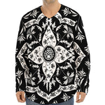 Black And White Lotus Mandala Print Long Sleeve Baseball Jersey