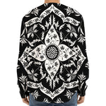 Black And White Lotus Mandala Print Long Sleeve Baseball Jersey