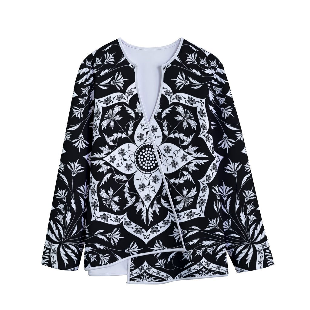 Black And White Lotus Mandala Print Long Sleeve Short Coat