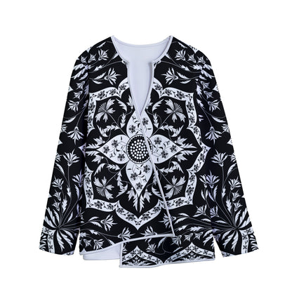 Black And White Lotus Mandala Print Long Sleeve Short Coat