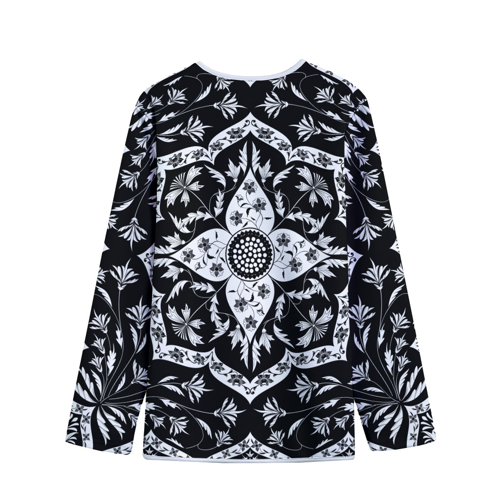 Black And White Lotus Mandala Print Long Sleeve Short Coat