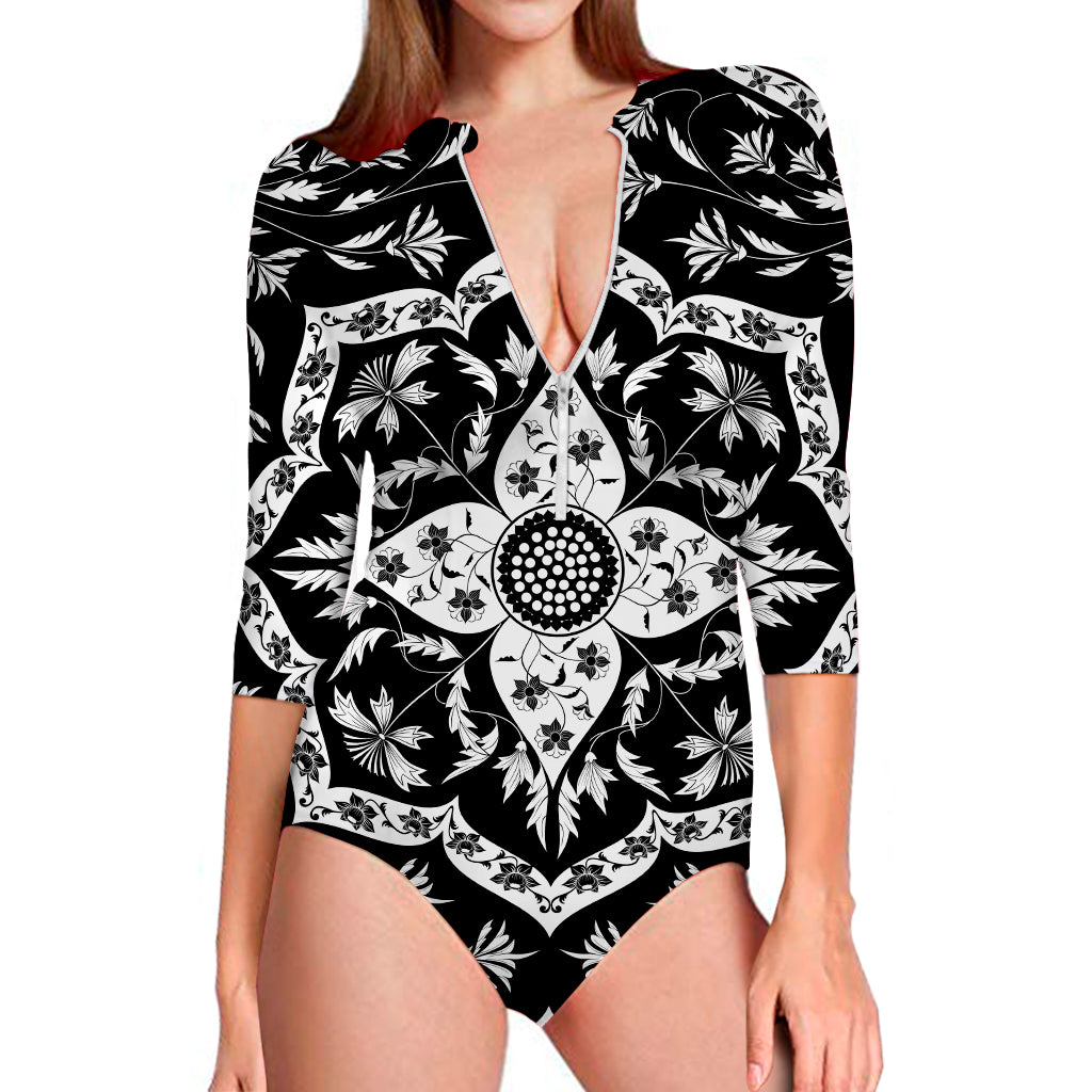 Black And White Lotus Mandala Print Long Sleeve Swimsuit