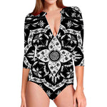 Black And White Lotus Mandala Print Long Sleeve Swimsuit