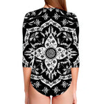 Black And White Lotus Mandala Print Long Sleeve Swimsuit