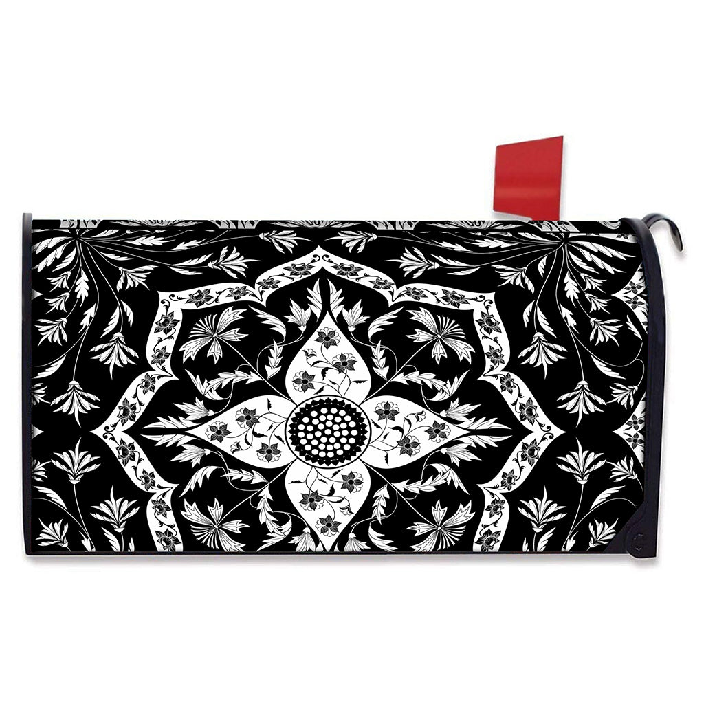 Black And White Lotus Mandala Print Mailbox Cover