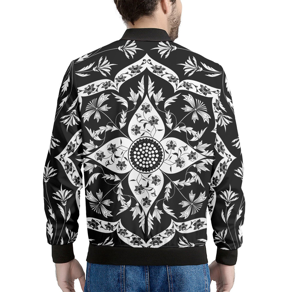 Black And White Lotus Mandala Print Men's Bomber Jacket