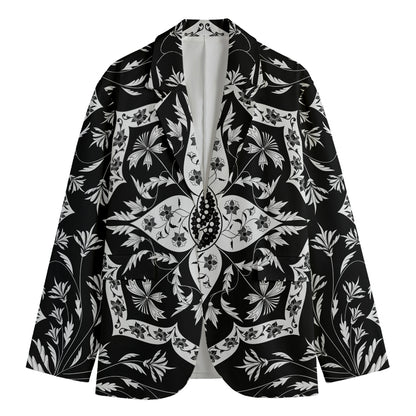 Black And White Lotus Mandala Print Men's Cotton Blazer