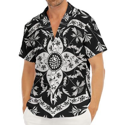 Black And White Lotus Mandala Print Men's Deep V-Neck Shirt