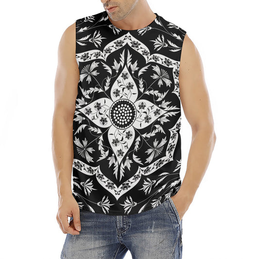 Black And White Lotus Mandala Print Men's Fitness Tank Top