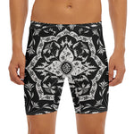 Black And White Lotus Mandala Print Men's Long Boxer Briefs