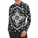 Black And White Lotus Mandala Print Men's Long Sleeve Rash Guard