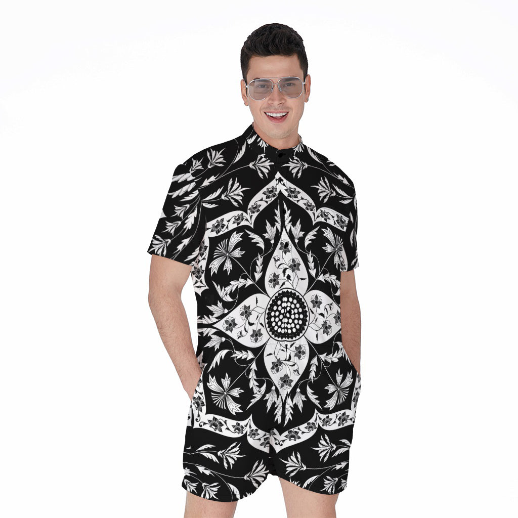 Black And White Lotus Mandala Print Men's Rompers