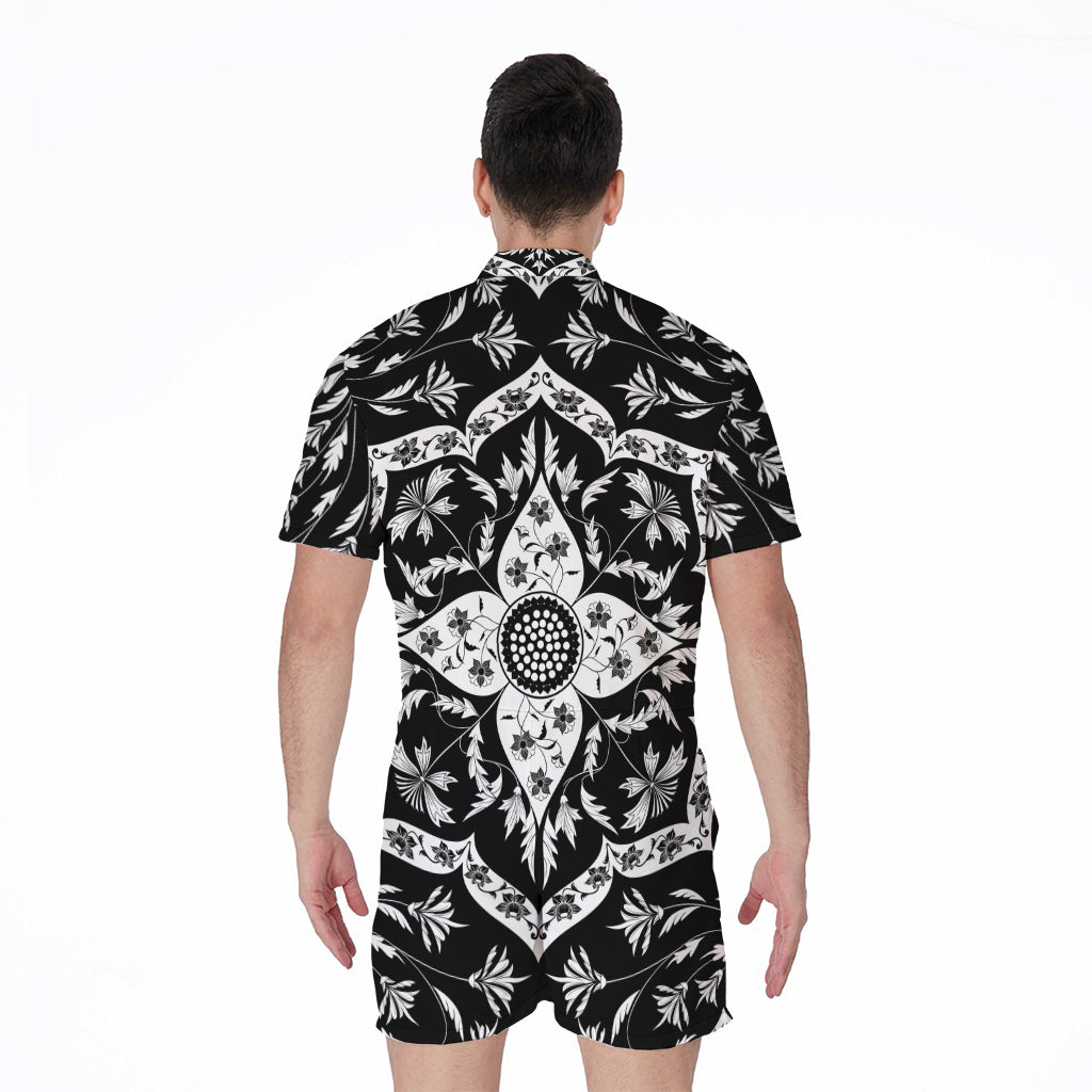 Black And White Lotus Mandala Print Men's Rompers