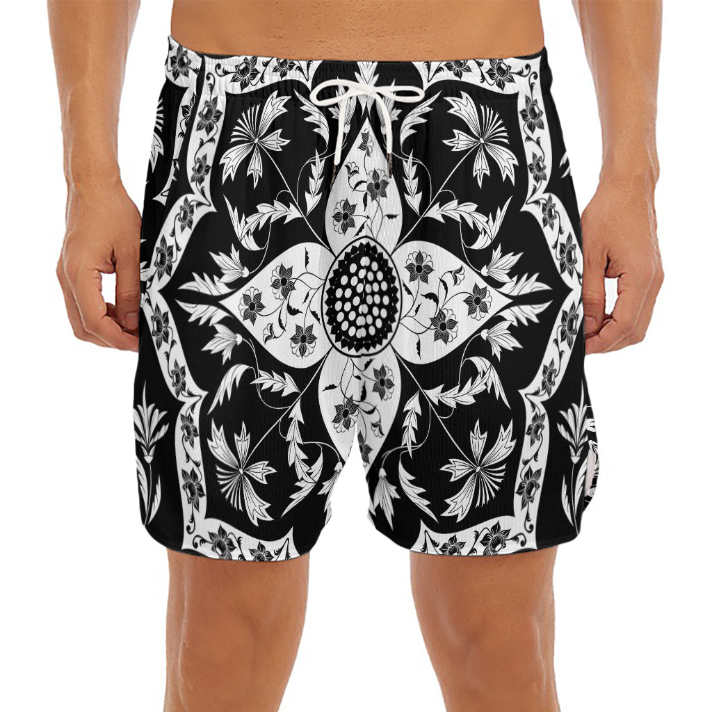 Black And White Lotus Mandala Print Men's Split Running Shorts