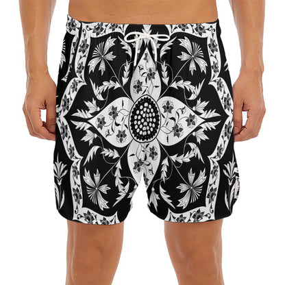 Black And White Lotus Mandala Print Men's Split Running Shorts