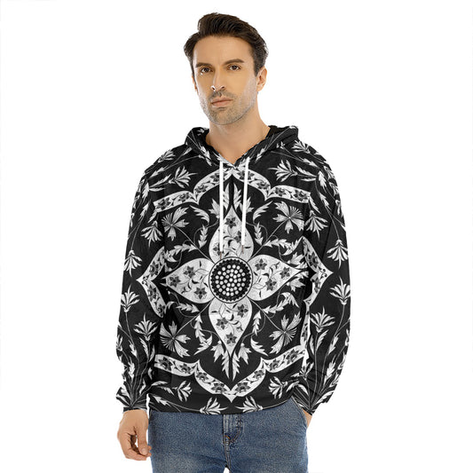 Black And White Lotus Mandala Print Men's Velvet Pullover Hoodie