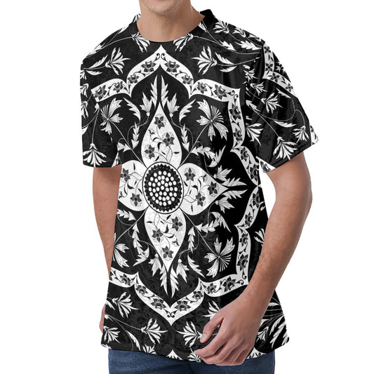 Black And White Lotus Mandala Print Men's Velvet T-Shirt