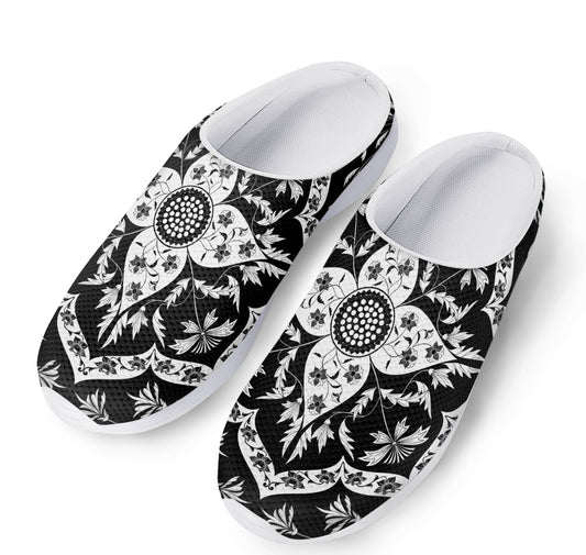 Black And White Lotus Mandala Print Mesh Casual Shoes