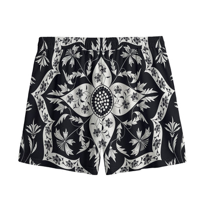 Black And White Lotus Mandala Print Mesh Shorts