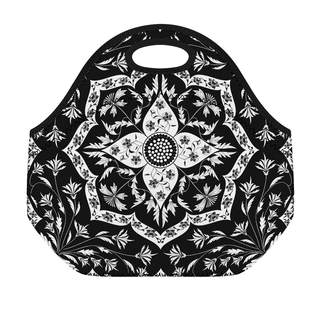 Black And White Lotus Mandala Print Neoprene Lunch Bag