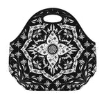 Black And White Lotus Mandala Print Neoprene Lunch Bag