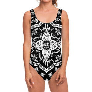 Black And White Lotus Mandala Print One Piece Swimsuit