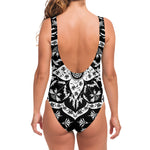 Black And White Lotus Mandala Print One Piece Swimsuit