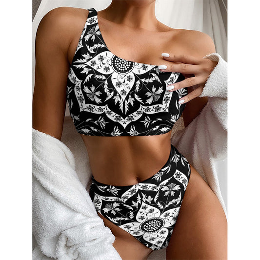 Black And White Lotus Mandala Print One Shoulder Bikini Top