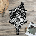 Black And White Lotus Mandala Print One Shoulder Bodysuit