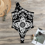 Black And White Lotus Mandala Print One Shoulder Bodysuit