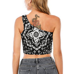 Black And White Lotus Mandala Print One Shoulder Crop Top
