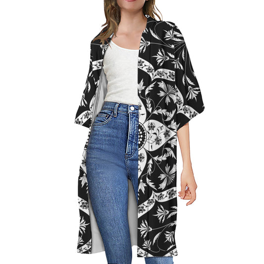 Black And White Lotus Mandala Print Open Front Beach Cover Up
